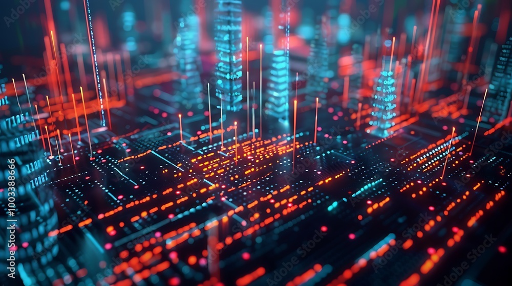 Poster digital cityscape illustration featuring glowing lines and structures, depicting a futuristic urban 