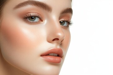 Fototapeta premium Elegant woman showcasing natural beauty with flawless skin and subtle makeup against a white background, highlighting her healthy features