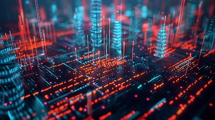 Digital cityscape illustration featuring glowing lines and structures, depicting a futuristic urban network with data flow and technology.