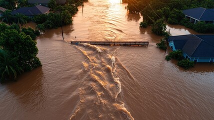 Fototapeta premium Aerial View of Flooded Neighborhood with Bridge and Houses