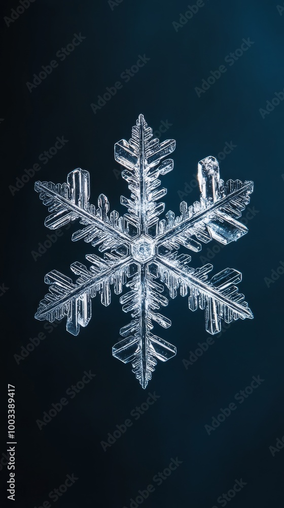 Poster macro photograph of a symmetrical snowflake on