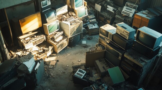 An e-waste recycling facility where old electronics such as computers, smartphones, and televisions are dismantled and recycled.