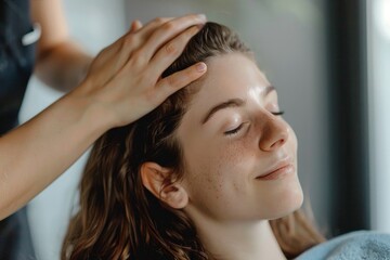 Naklejka premium Close-up of a woman receiving a relaxing facial massage, highlighting skincare, wellness, and rejuvenation in a calming spa environment