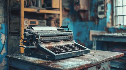 Vintage Typewriter on Rustic Wooden Desk in Office Workshop