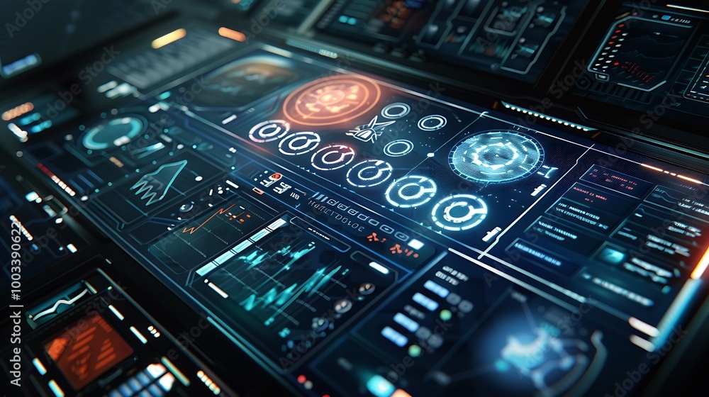 Poster close-up shot of a futuristic technology interface with various digital displays and controls.