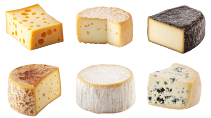 Assortment of gourmet cheese wedges  brie  cheddar  blue cheese  and more  isolated