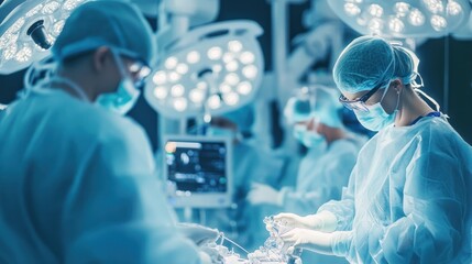 Capture a surgical team using robotic systems for precise and minimally invasive procedures, showcasing advancements in medical technology