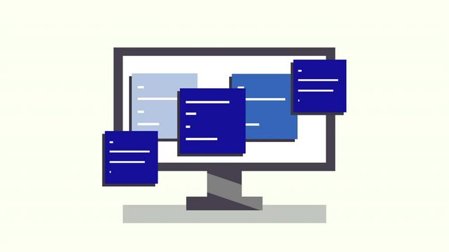 data icon computer monitor with blue files hovering nearby, illustrating digital organization or technology concepts, perfect for web design or tech blogs.