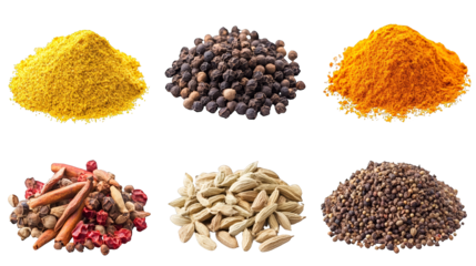 Spices and Herbs Collage with Black Peppercorns  Turmeric Powder and More
