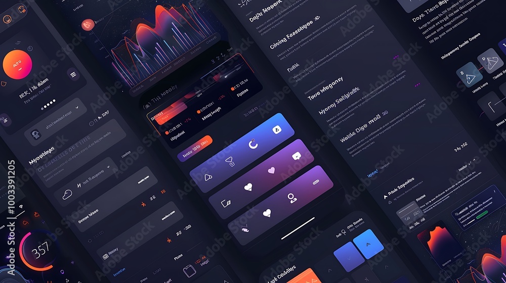 Poster mobile app ui design showcasing a dark mode interface with emphasis on minimalism, clean layouts, an