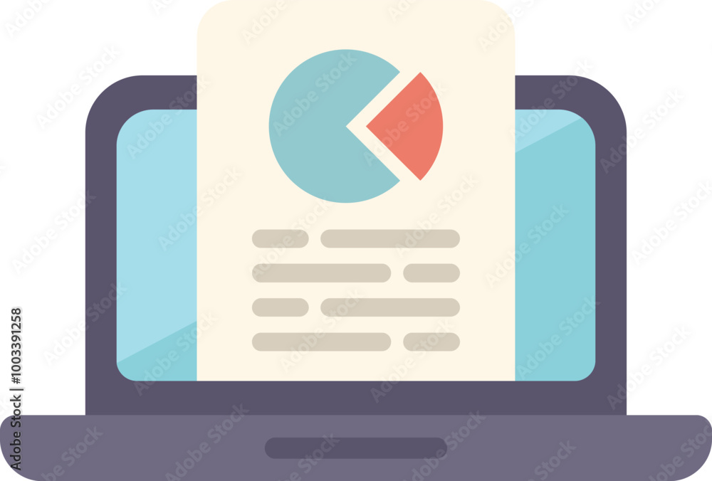 Poster laptop displaying a document containing a pie chart, representing data analysis and business reporti