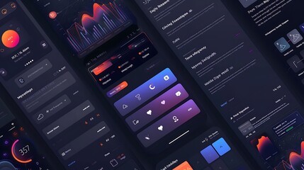 Mobile app UI design with dark mode interface for emphasizing minimalism clean layout user experience modern visuals and futuristic digital interaction aesthetic concept.