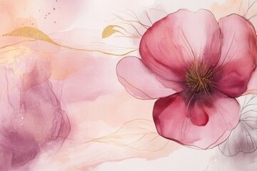 Elegant watercolor background for wedding invitations featuring golden line art flowers and botanical leaves in stunning abstract design