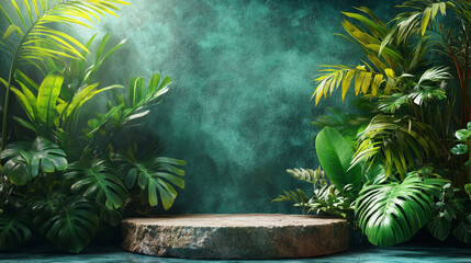 Stone platform surrounded by lush green tropical plants.