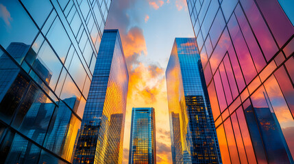 Vibrant Sunset Reflections on Modern Glass Skyscrapers in Urban Financial District.