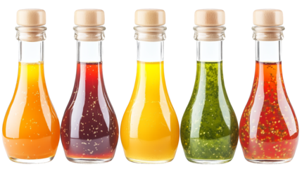 Colorful Glass Bottles with Wooden Caps Filled with Different Sauces and Flavors