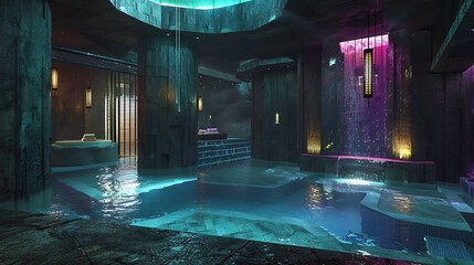 Serene indoor pool with a cascading waterfall illuminated by vibrant neon lights, creating a futuristic and luxurious atmosphere.