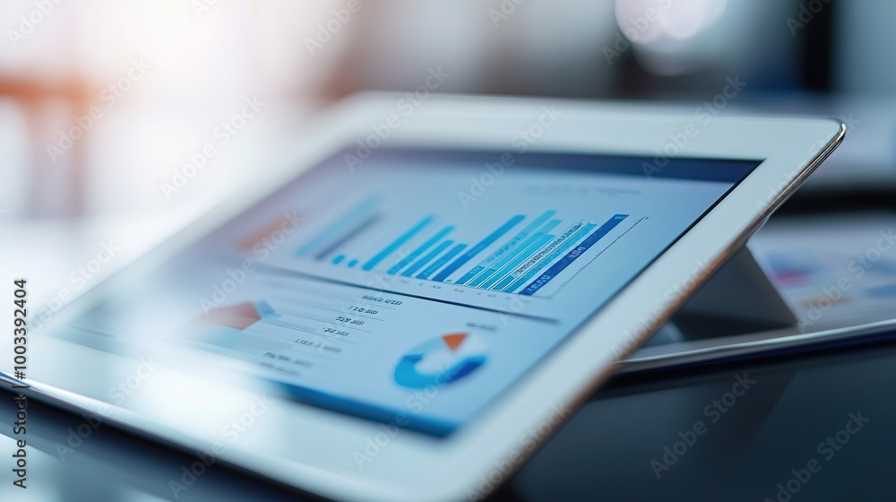 Poster data analysis on tablet with graphs and charts displayed