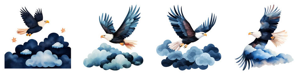 Fototapeta premium An eagle soaring above storm clouds clipart, representing triumph over adversity, watercolor style, deep blues and blacks, isolated on white background