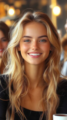 Fototapeta premium A young woman with long blonde hair smiles brightly.