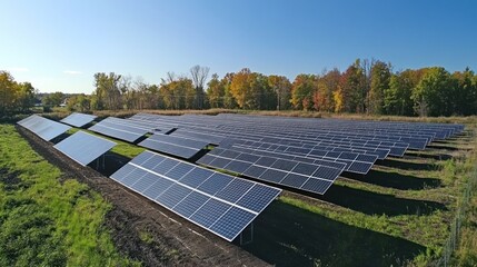 Show a community solar farm with panels generating clean energy, demonstrating collaborative efforts in adopting renewable energy