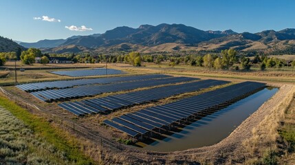 Naklejka premium Show a community solar farm with panels generating clean energy, demonstrating collaborative efforts in adopting renewable energy 