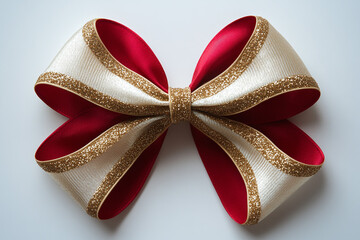 Festive red and gold ribbon bow on a white background.