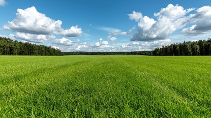 Fototapeta premium Lush Green Meadow Landscape With Blue Sky And White Clouds