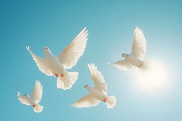 Obraz premium Flock of Graceful White Doves Soaring Across Vibrant Blue Sky Symbolizing Eternal Peace and Hope The image conveys a serene tranquil and uplifting atmosphere