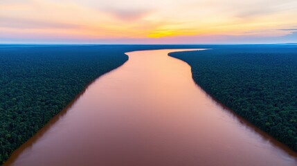 Fototapeta premium Aerial View of River Winding Through Lush Green Rainforest at Sunset