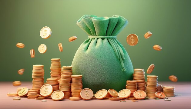 A vibrant green money bag surrounded by scattered coins, symbolizing wealth and prosperity.