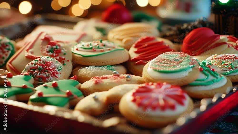 Poster christmas sugar cookies are decorated with red and green frosting and sprinkles and lie on a cookie 