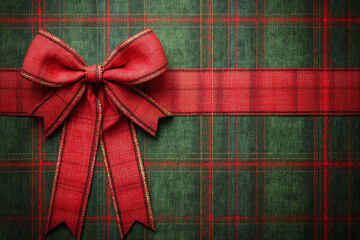 Red and green plaid pattern background with a Christmas bow.