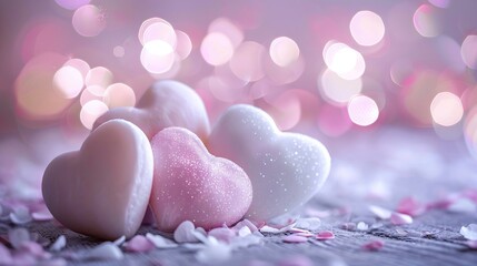 Obraz premium Pink and white hearts with bokeh background