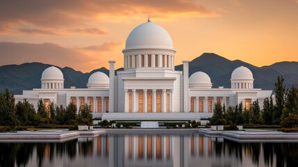 Obraz premium White Marble Mosque with Reflecting Pool and Mountains at Sunset