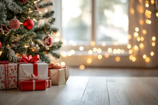 A cozy Christmas setting featuring a decorated tree, beautifully wrapped gifts, and warm holiday lights with ample space for your festive messages