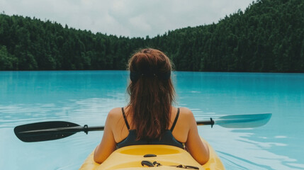 Obraz premium Woman kayaking on a serene lake, surrounded by lush greenery.