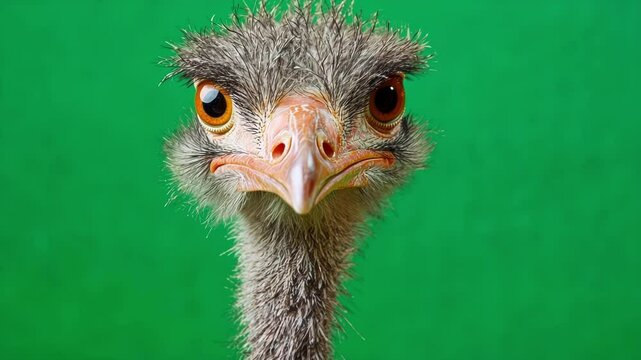 Intense ostrich gaze on green screen, perfect for video editing and compositing. Shows intricate details of bird features, ideal for creative projects