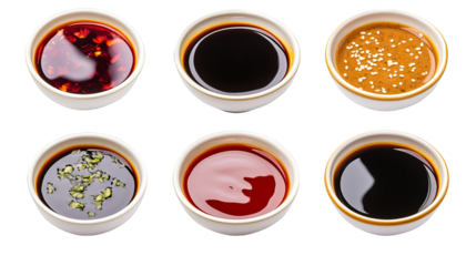 Six Small Bowls of Asian Dipping Sauces    Soy Sauce  Chili Oil  Sesame Sauce  and More