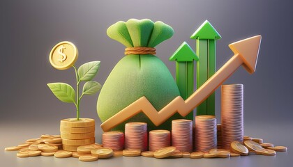 A vibrant depiction of financial growth, featuring a money bag, coins, a sprouting plant, and upward arrows, symbolizing investment and prosperity.
