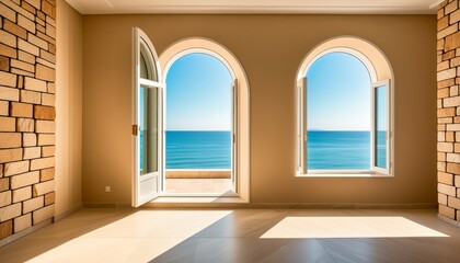Window with Beach View and Sunlight in Beige Room Interior