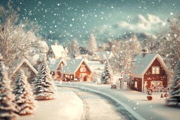 A cozy vintage Christmas village with snow-covered paths and charming cottages, capturing the essence of winter holidays