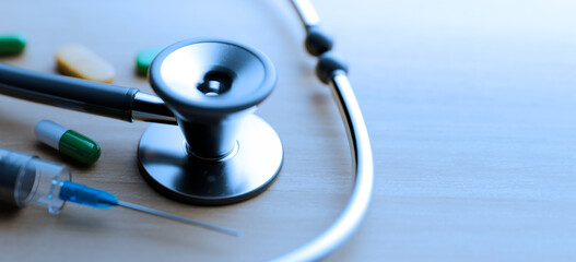 Healthcare background with stethoscope and medicine. 3d rendering