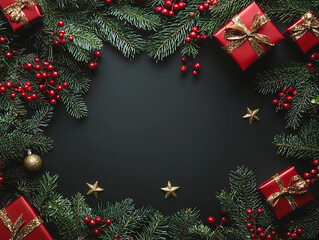  Christmas background with red gift boxes, holly berries, and pine branches on a black table surface.