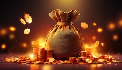 A shimmering bag of coins surrounded by scattered gold pieces, evoking a sense of wealth and abundance.