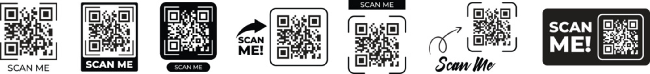 Qr code scan icon collection. Scan me barcode sign