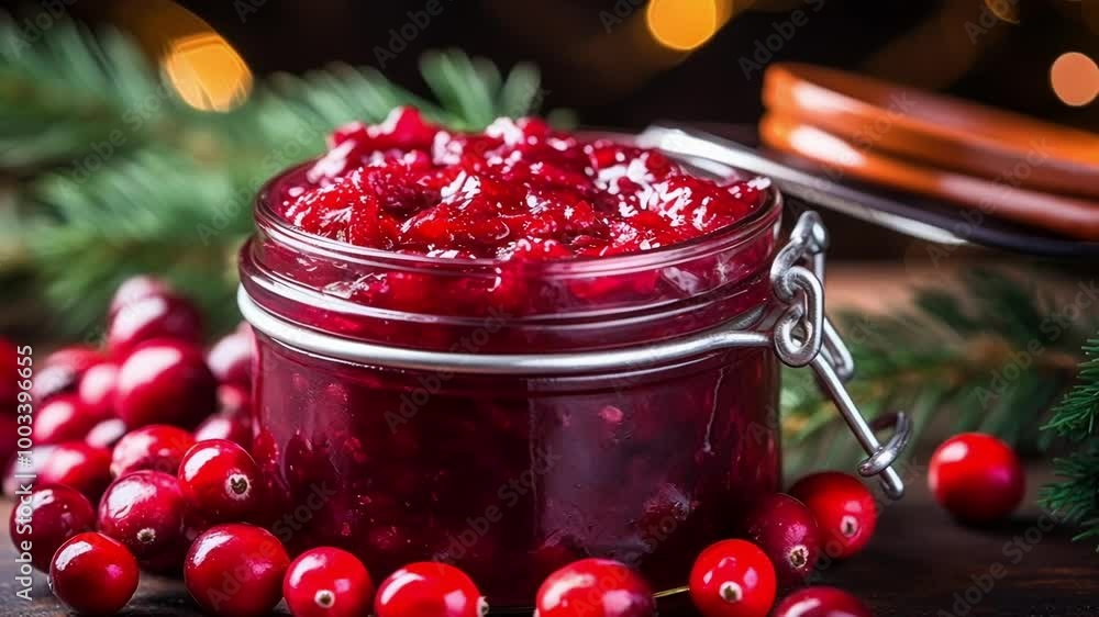 Poster mason jar full of cranberry sauce is sitting on a table with fresh cranberries scattered around it a