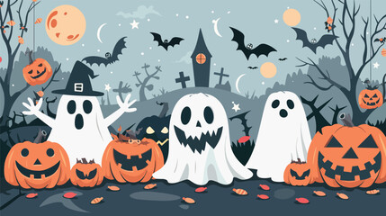 Obraz premium Flat lay Vector Illustration spooky halloween elements set illustration, Happy Halloween