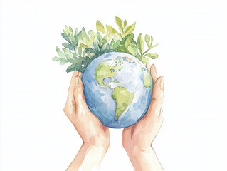 Hands holding a globe surrounded by green leaves, eco-friendly concept.