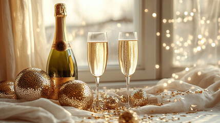 Elegant festive composition with a bottle of champagne and two filled glasses on the fabric near the windowsill surrounded by golden Christmas tree balls and confetti with natural sunlight.